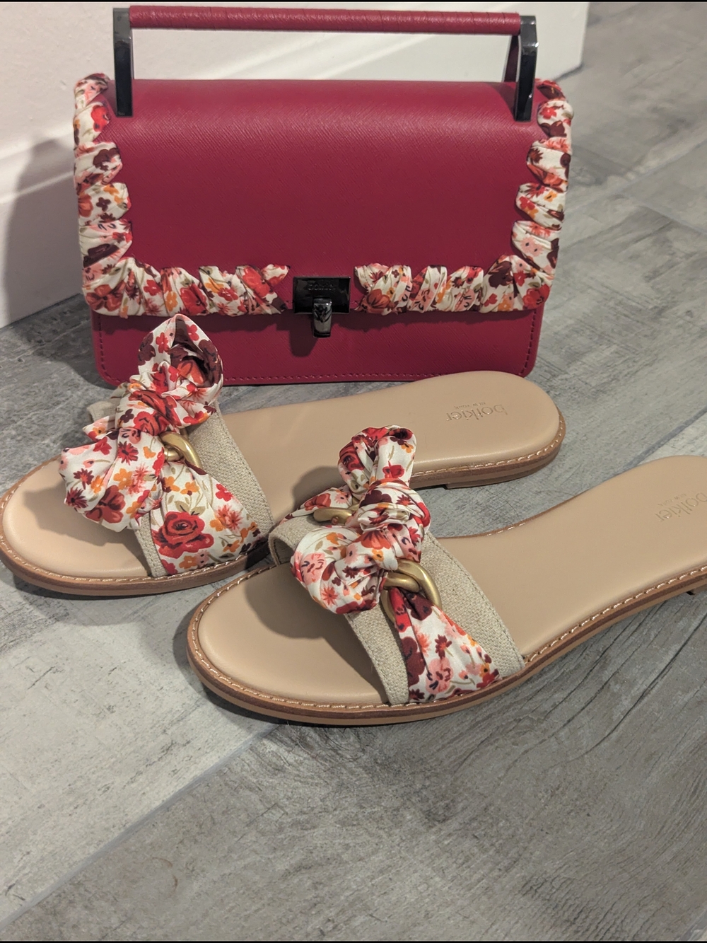 Botkier Beige Slide Sandals with Red Floral Bow - Picture 6 of 6
